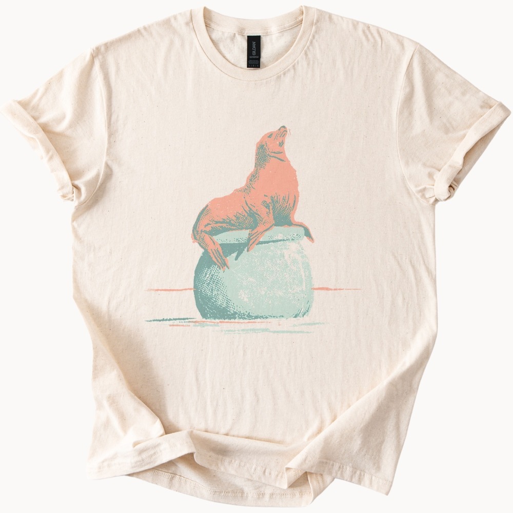Retro Seal on Pot Graphic Tee Vintage Style Fun Design